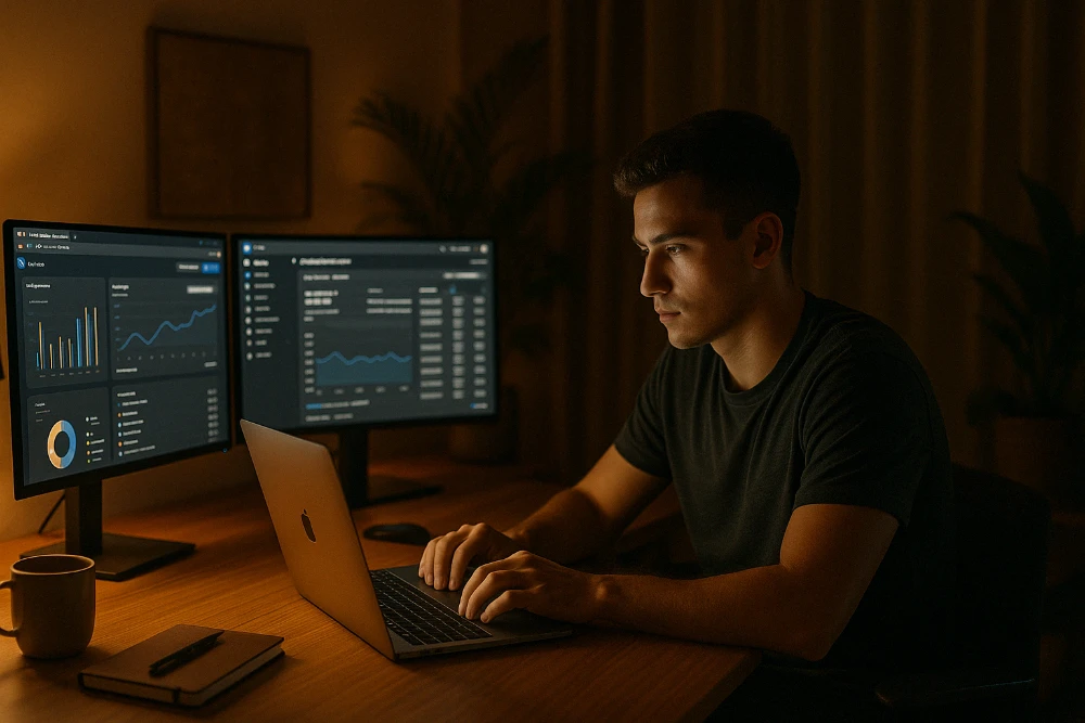 Young entrepreneur optimizing Facebook ad campaigns at night with a MacBook Pro and two monitors in a focused home office setup.