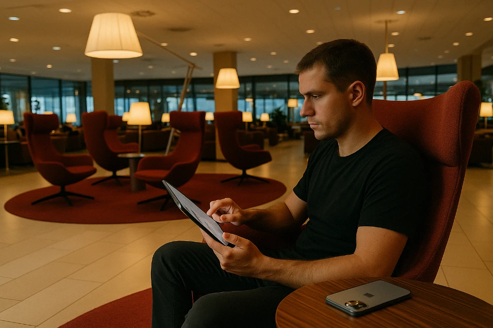 Young entrepreneur using LinkedIn for B2B lead generation at Schiphol Airport with a laptop, dual monitors, and a phone on the desk, focused before flight.