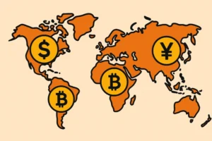A world map with currency symbols, illustrating the concepts of a Forex trading for beginners course.