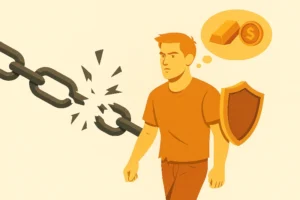 A broken chain symbolizing the breaking of the rules of poverty. and a person that looks poor with wealth in mind.