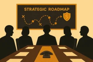 A strategic roadmap on a board, symbolizing the ultimate guide to get rich. And a table that looks like the board of directors of a hedge fund.