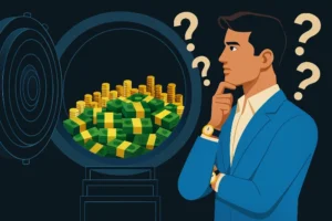 A stylized digital illustration of a wealthy person standing in front of an open bank vault overflowing with gold coins and stacks of cash. The person appears contemplative, with multiple question marks floating above their head, symbolizing uncertainty or deep thought. The scene represents the concept of sudden wealth and the challenges it brings.