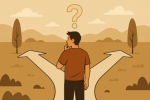 A person hesitating at a crossroads, symbolizing one of the reasons why people fail.