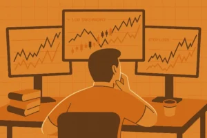 A person studying charts on multiple monitors, illustrating how I would learn to day trade.