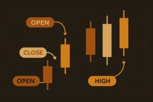 A candlestick chart with annotations explaining its different parts, for a beginner's guide.